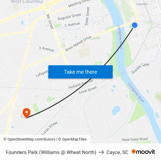 Founders Park (Williams @ Wheat North) to Cayce, SC map