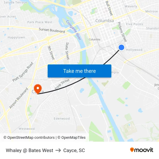 Whaley @ Bates West to Cayce, SC map