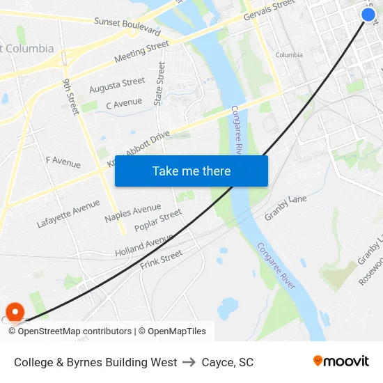 College & Byrnes Building West to Cayce, SC map