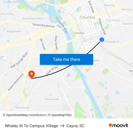 Whaley St To Campus Village to Cayce, SC map
