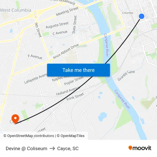 Devine @ Coliseum to Cayce, SC map