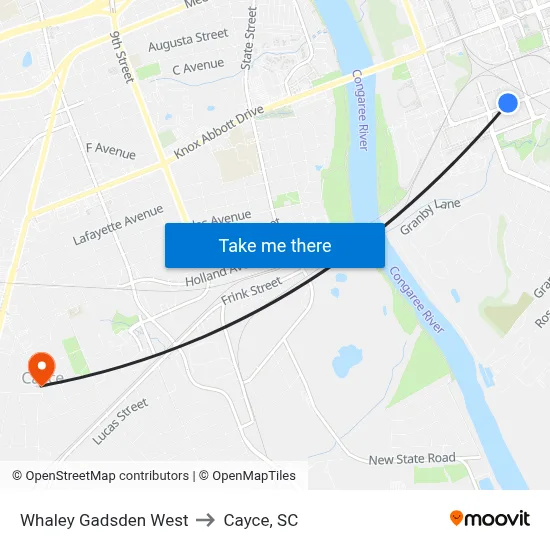 Whaley Gadsden West to Cayce, SC map