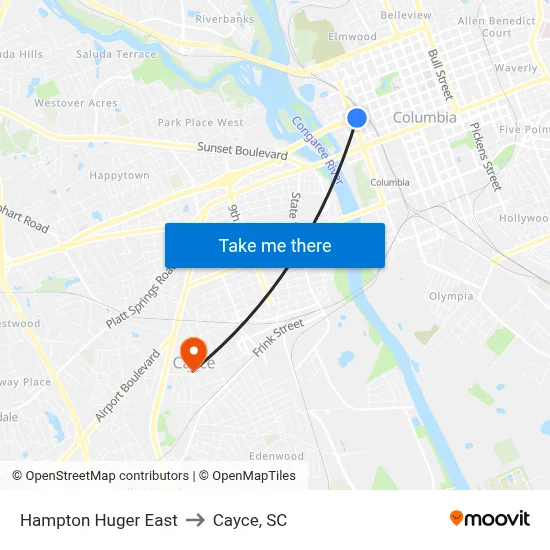 Hampton Huger East to Cayce, SC map