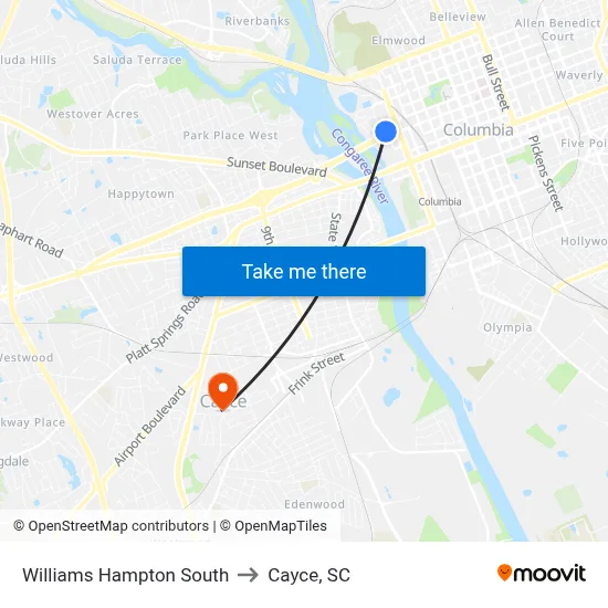 Williams Hampton South to Cayce, SC map