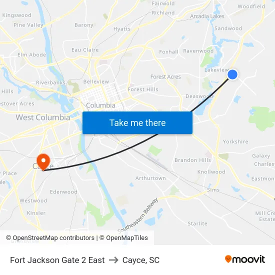Fort Jackson Gate 2 East to Cayce, SC map