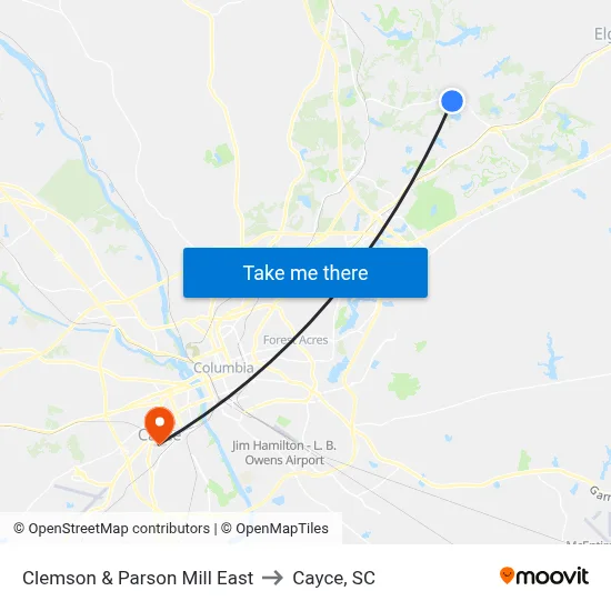 Clemson & Parson Mill East to Cayce, SC map