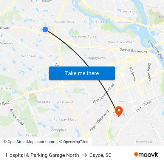 Hospital & Parking Garage North to Cayce, SC map
