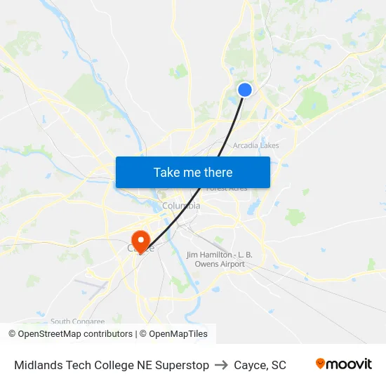 Midlands Tech College NE Superstop to Cayce, SC map