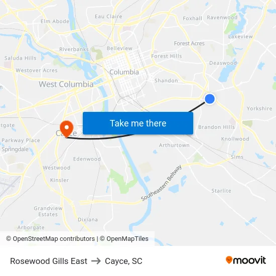 Rosewood Gills East to Cayce, SC map
