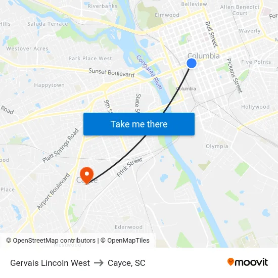 Gervais Lincoln West to Cayce, SC map