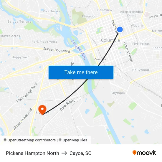 Pickens Hampton North to Cayce, SC map