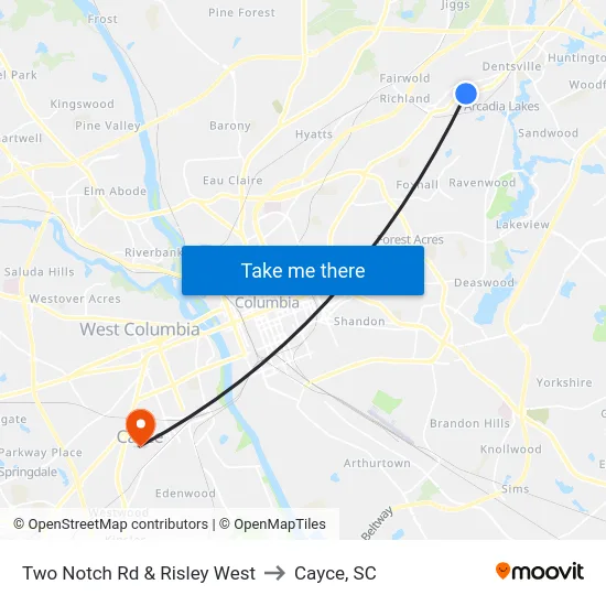 Two Notch Rd & Risley West to Cayce, SC map