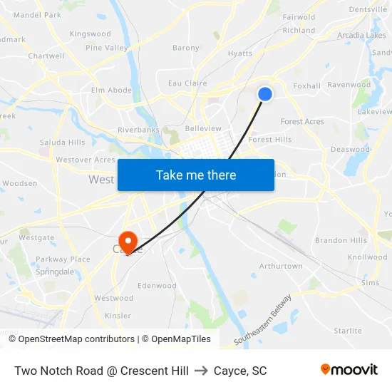Two Notch Road @ Crescent Hill to Cayce, SC map