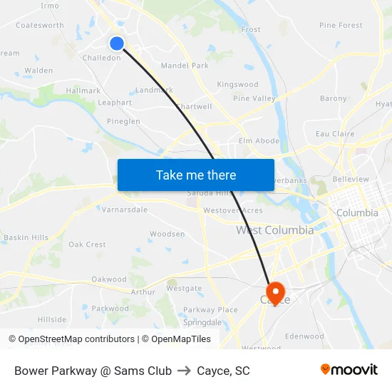Bower Parkway @ Sams Club to Cayce, SC map