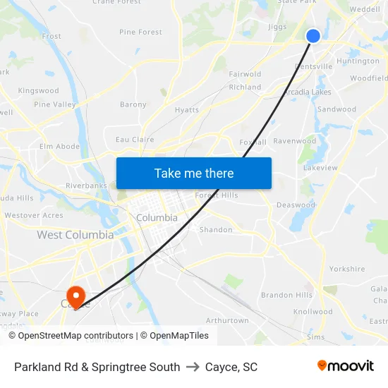 Parkland Rd & Springtree South to Cayce, SC map