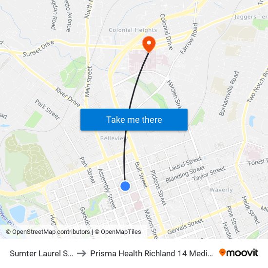 Sumter Laurel South to Prisma Health Richland 14 Medical Park map