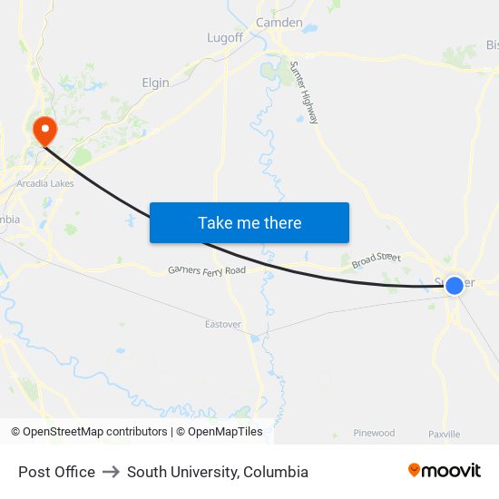 Post Office to South University, Columbia map