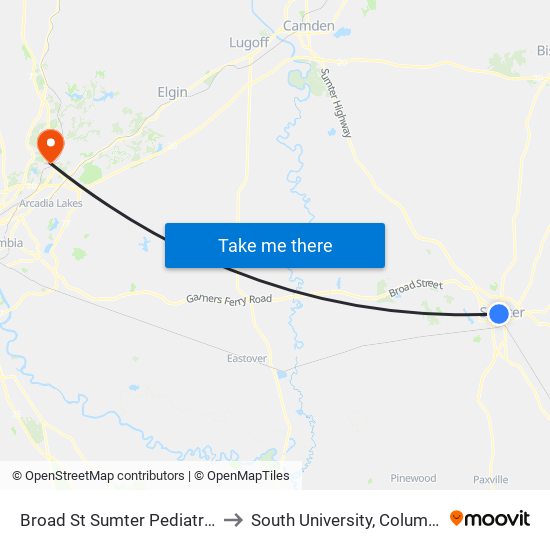 Broad St Sumter Pediatrics to South University, Columbia map