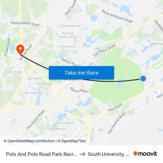 Polo And Polo Road Park Recreation Center to South University, Columbia map