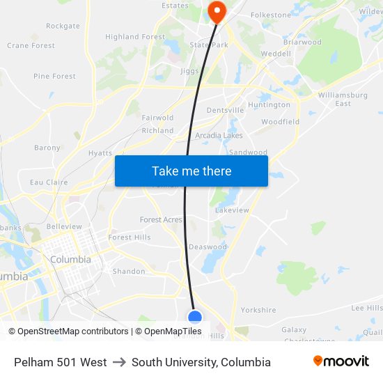 Pelham 501 West to South University, Columbia map