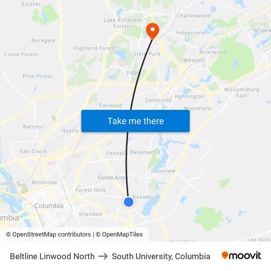 Beltline Linwood North to South University, Columbia map