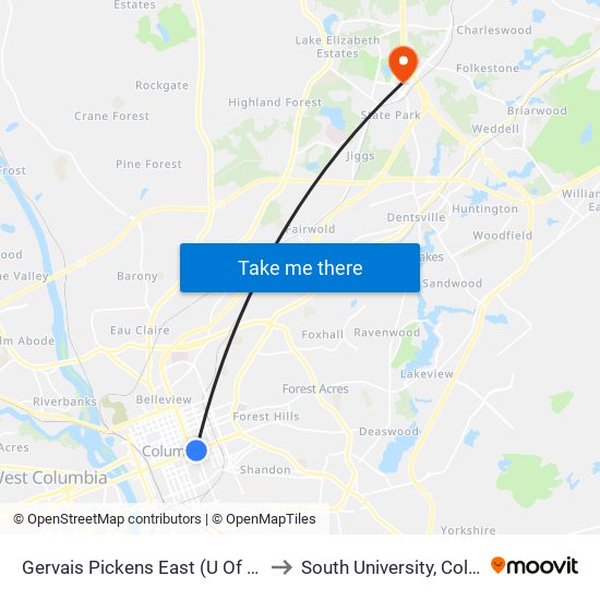 Gervais Pickens East (U Of Sc Law) to South University, Columbia map