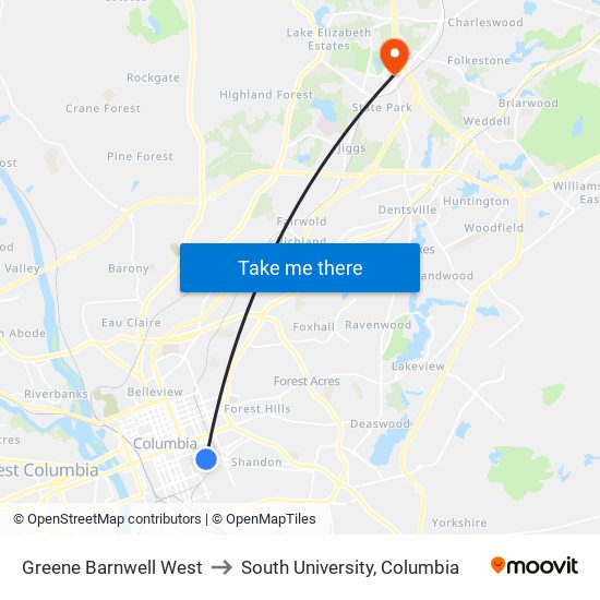 Greene Barnwell West to South University, Columbia map