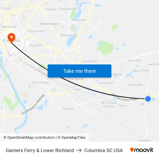 Garners Ferry & Lower Richland to Columbia SC USA map