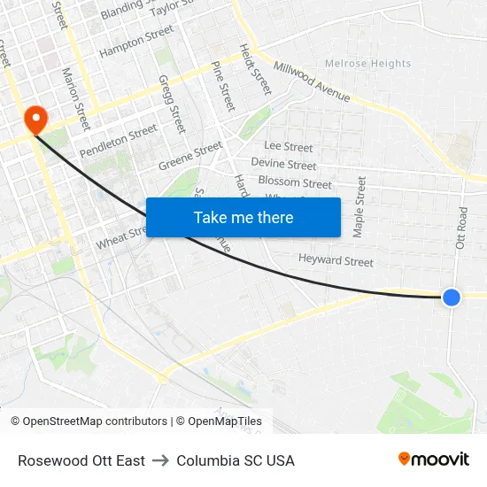 Rosewood Ott East to Columbia SC USA map