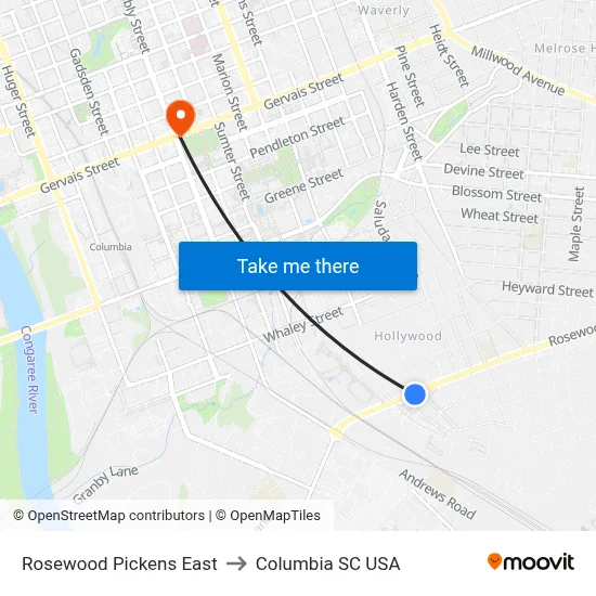 Rosewood Pickens East to Columbia SC USA map