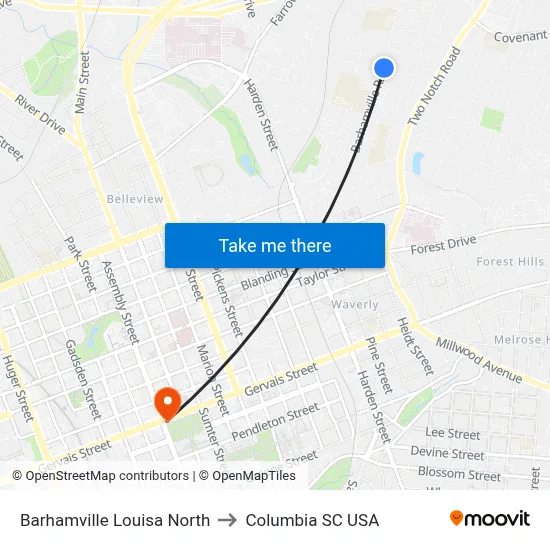 Barhamville Louisa North to Columbia SC USA map