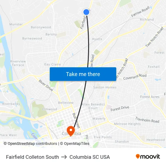 Fairfield Colleton South to Columbia SC USA map