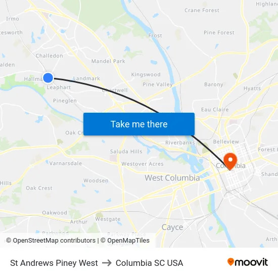 St Andrews Piney West to Columbia SC USA map