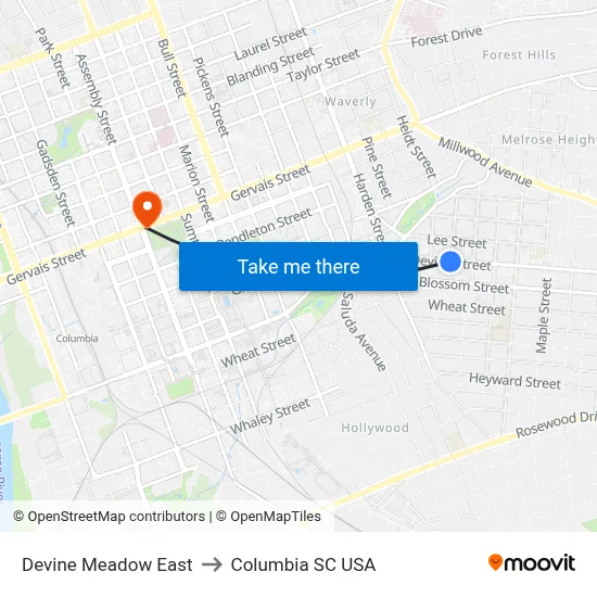 Devine Meadow East to Columbia SC USA map
