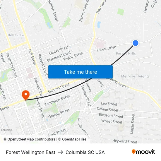Forest Wellington East to Columbia SC USA map