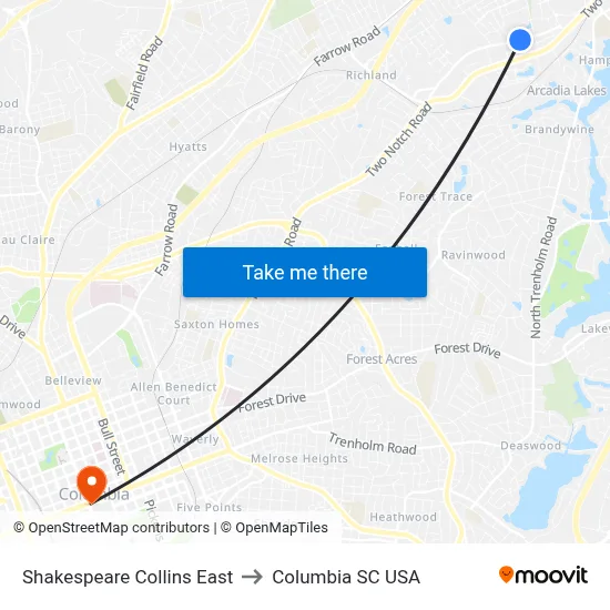 Shakespeare Collins East to Columbia SC USA map