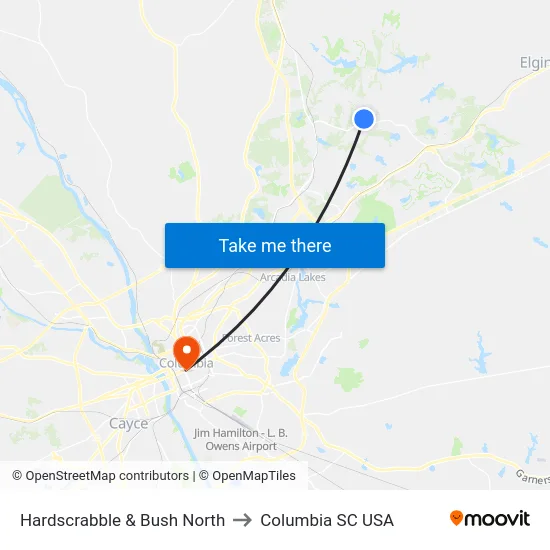 Hardscrabble & Bush North to Columbia SC USA map