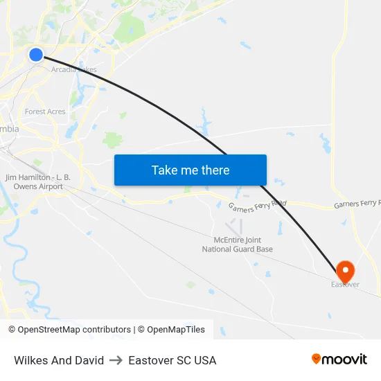 Wilkes And David to Eastover SC USA map