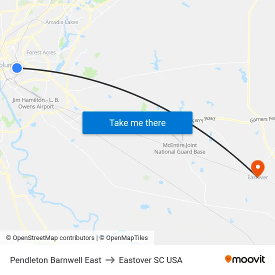 Pendleton Barnwell East to Eastover SC USA map