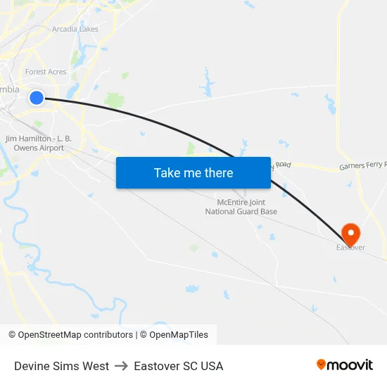 Devine Sims West to Eastover SC USA map