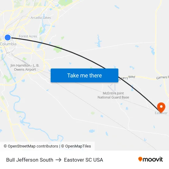 Bull Jefferson South to Eastover SC USA map