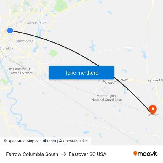 Farrow Columbia South to Eastover SC USA map