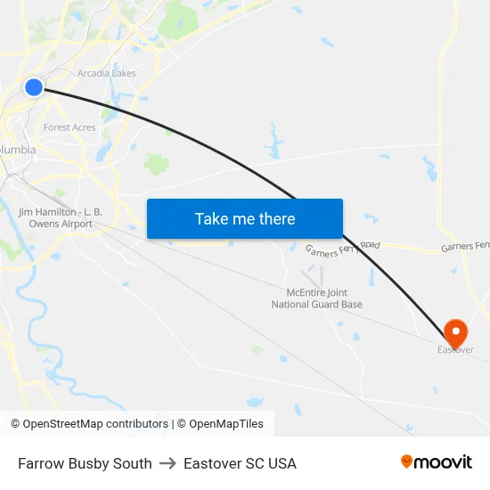 Farrow Busby South to Eastover SC USA map