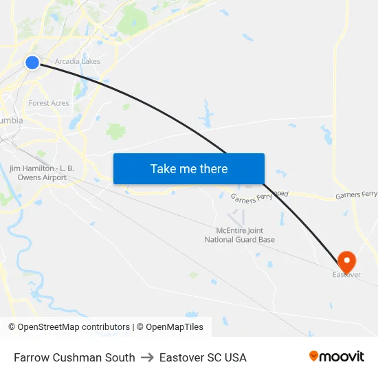 Farrow Cushman South to Eastover SC USA map