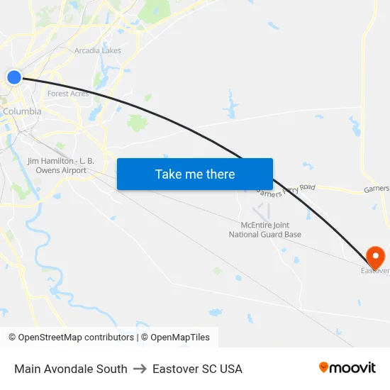 Main Avondale South to Eastover SC USA map