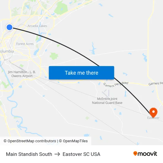 Main Standish South to Eastover SC USA map
