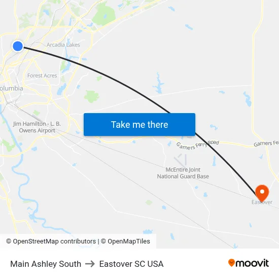 Main Ashley South to Eastover SC USA map