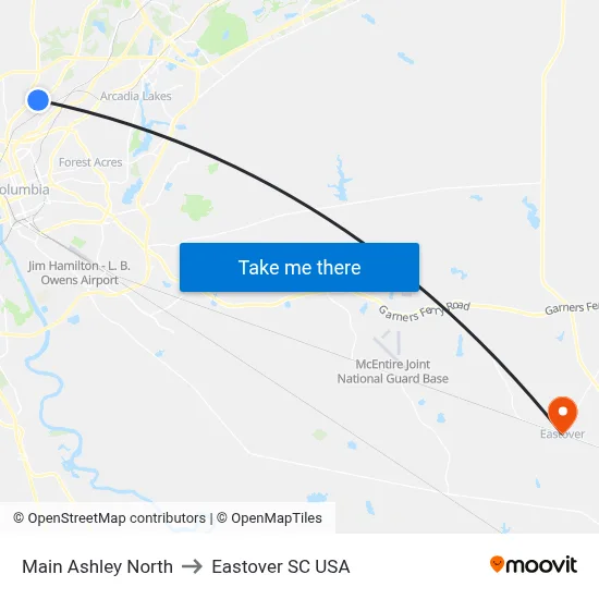 Main Ashley North to Eastover SC USA map