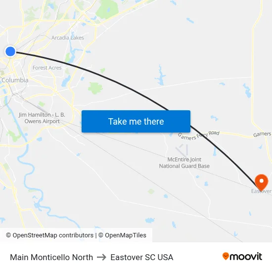 Main Monticello North to Eastover SC USA map