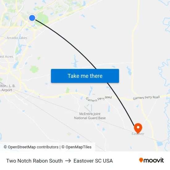 Two Notch Rabon South to Eastover SC USA map